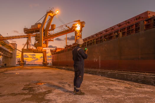 A dock worker examines a cargo ship under twilight skies at a Libyan port, highlighting industrial operations.