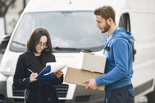 A courier in blue hands packages to a woman signing documents in front of a delivery van.